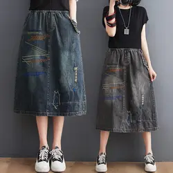 2025 Spring Summer Women's Embroidery Washed Denim Skirt Elastic Waist Vintage Jeans Loose Grinding White Hole Midi Saias H849