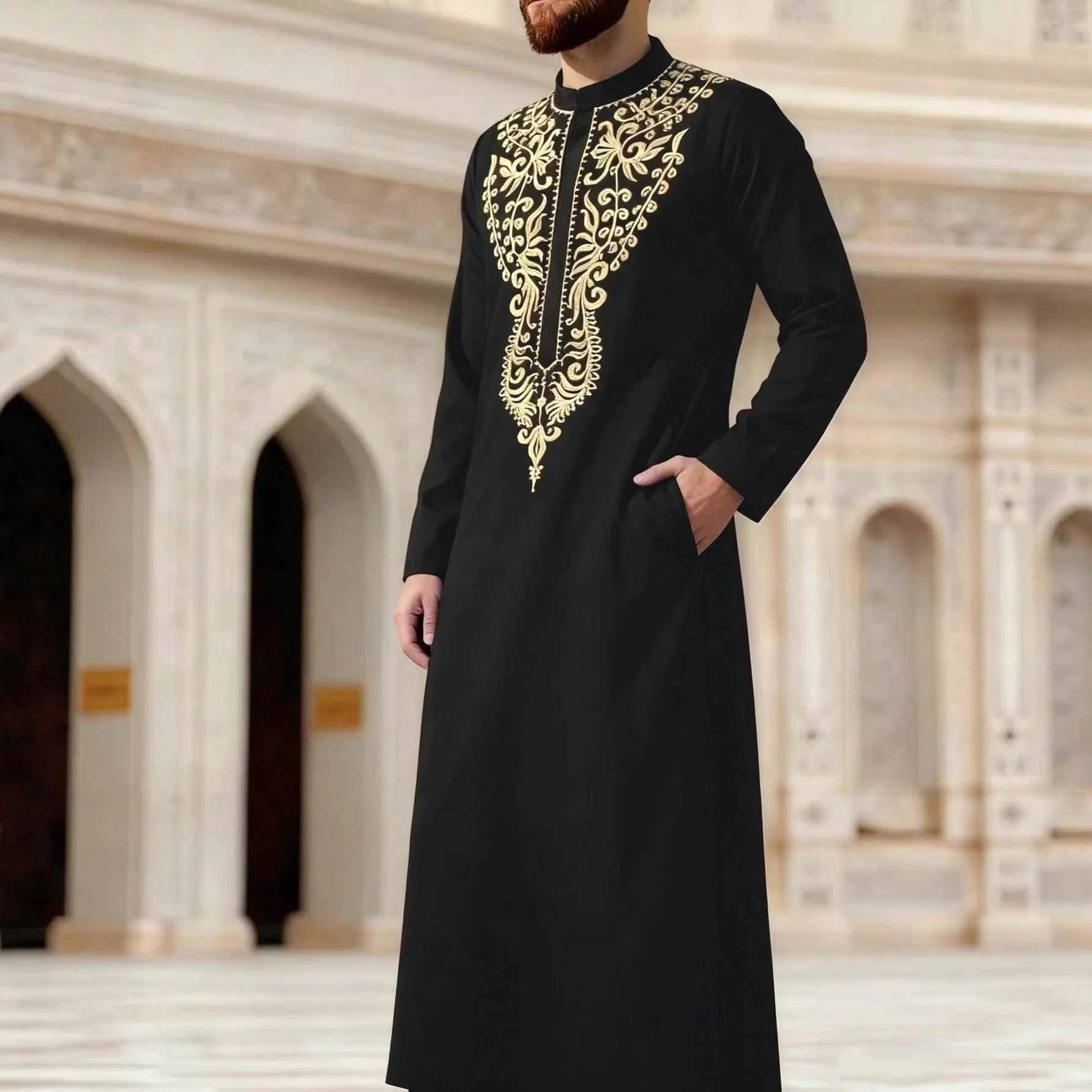 Muslim Men Embroidery Long Jubba Thobe Arabian Islamic Elegant Prayer Outfits Ramadan Kaftan Djellaba Homme Moroccan Kaftan