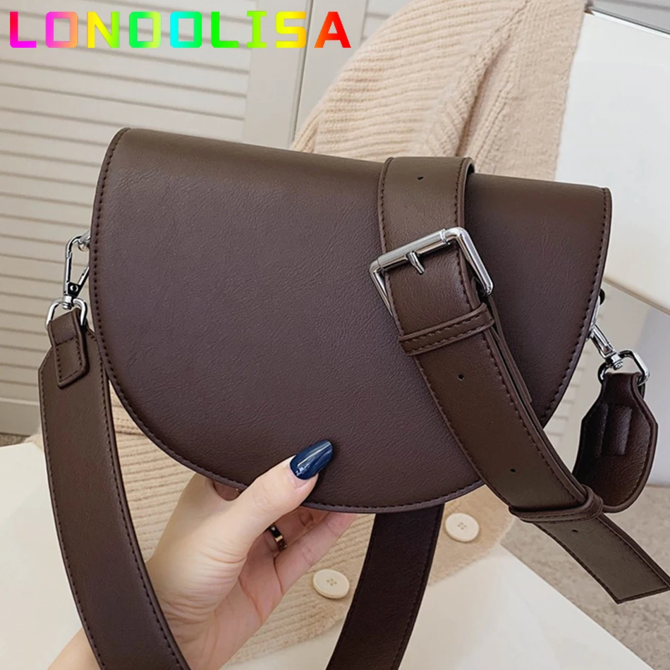 Retro Solid Color Saddle Bag High Quality Leather Shoulder Bags for Women 2024 New Simple Ladies Crossbody Bag Designer Handbags