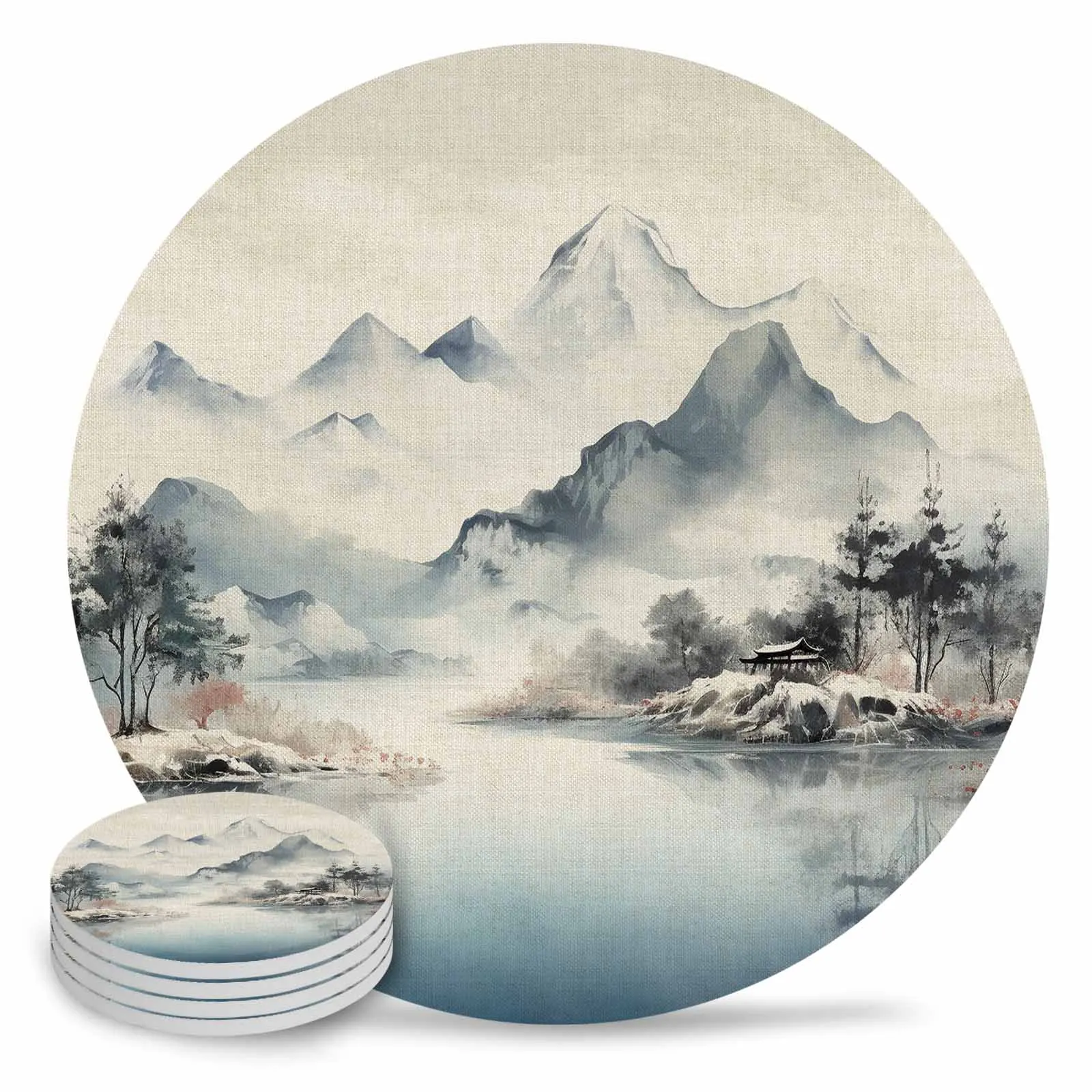 Landscape Tree Watercolor Ceramic Coaster Set Kitchen Table Round Placemat Luxury Decor Coffee Tea Cup Coasters