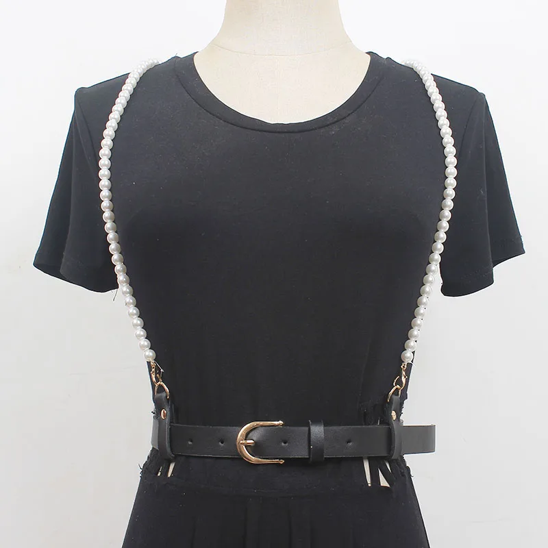 Women\'s Fashion Vintage Pearl PU Leather Vest Cummerbunds Female Dress Corsets Waistband Belts Decoration Narrow Belt R1872