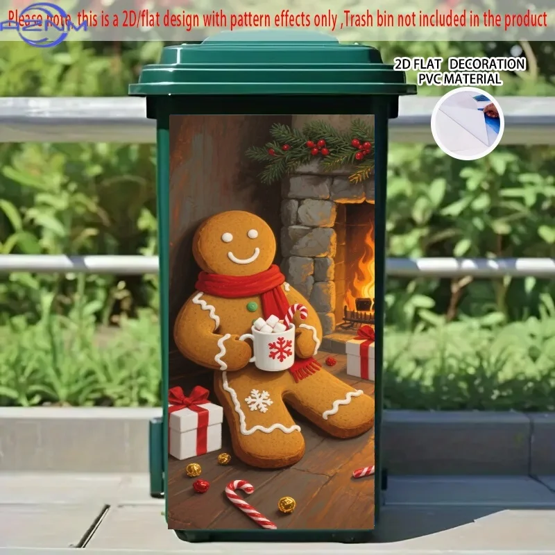 One Piece, Two-Dimensional Flat Sticker for Trash Cans Featuring a Gingerbread Man with a Red Scarf And a Hot Beverage Design,
