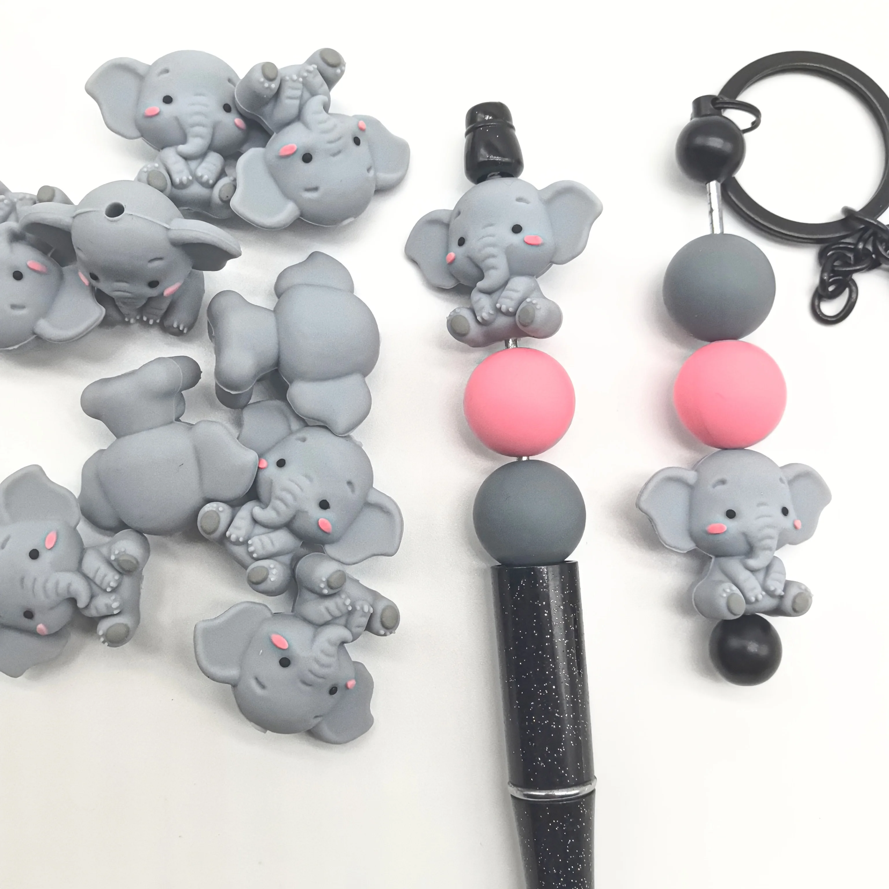 Juego de 15 cuentas de silicona, lindo elefante y formas redondas, rosa y gris, ideal para joyería, pulseras, llaveros y manualidades, Sil