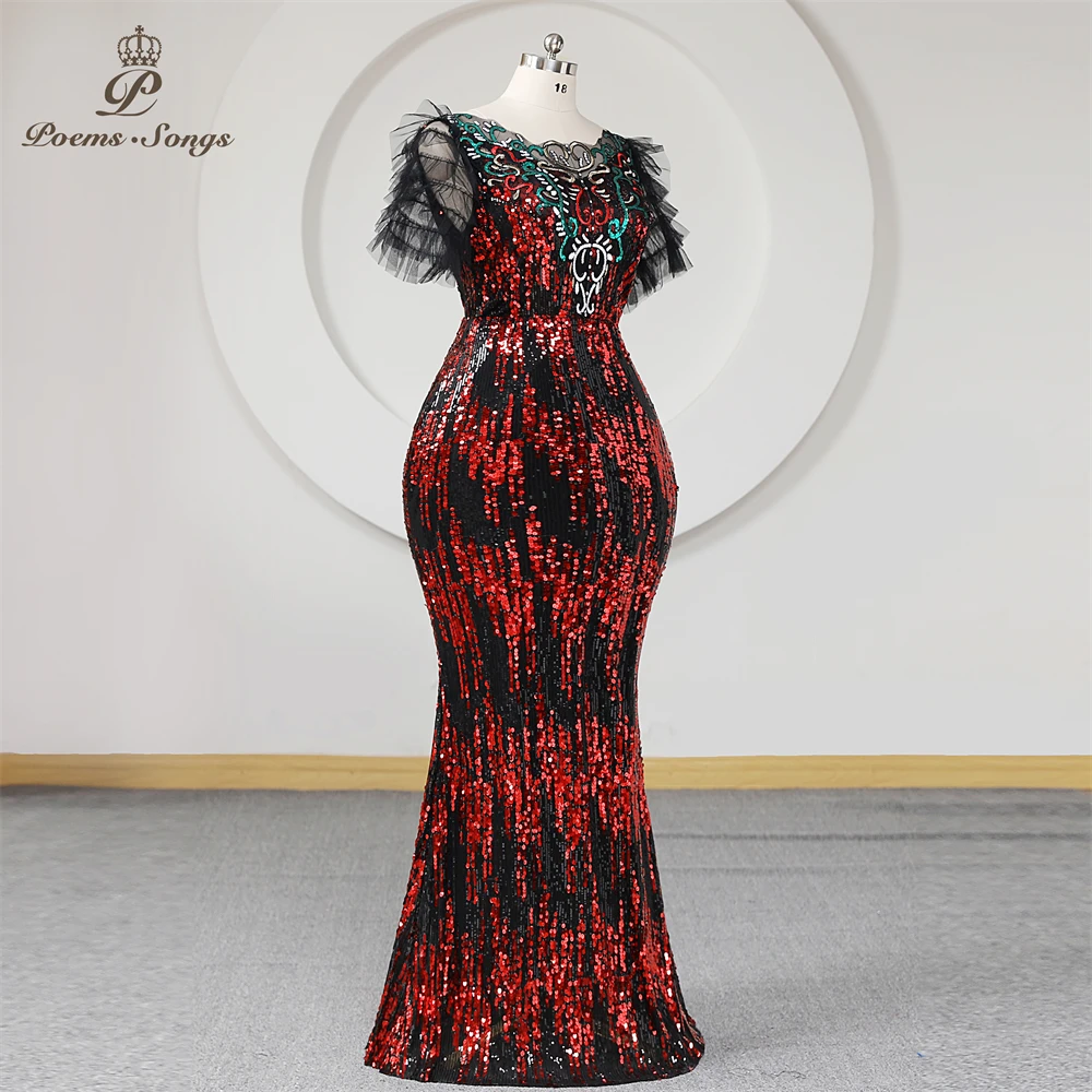 Red Sequins Trumpet Evening Dress Tiered Sheer Half Sleeves Mermaid Plus Size Scoop Neck Long Party Dresses For Women Maxi dress