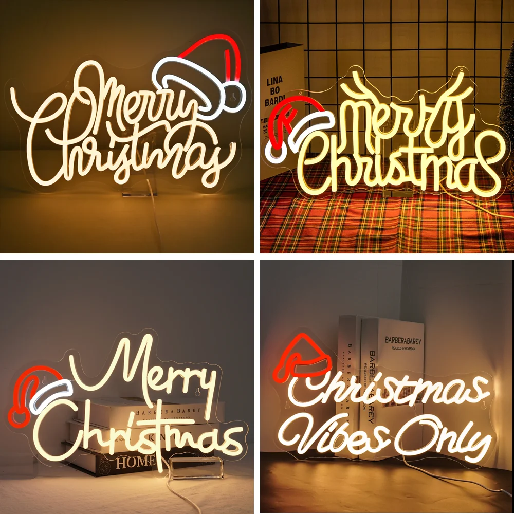 

Merry Christmas Neon Sign Warm White LED Christmas Hat Neon Light Christmas Party Store Club Decor USB Powered Neon Light