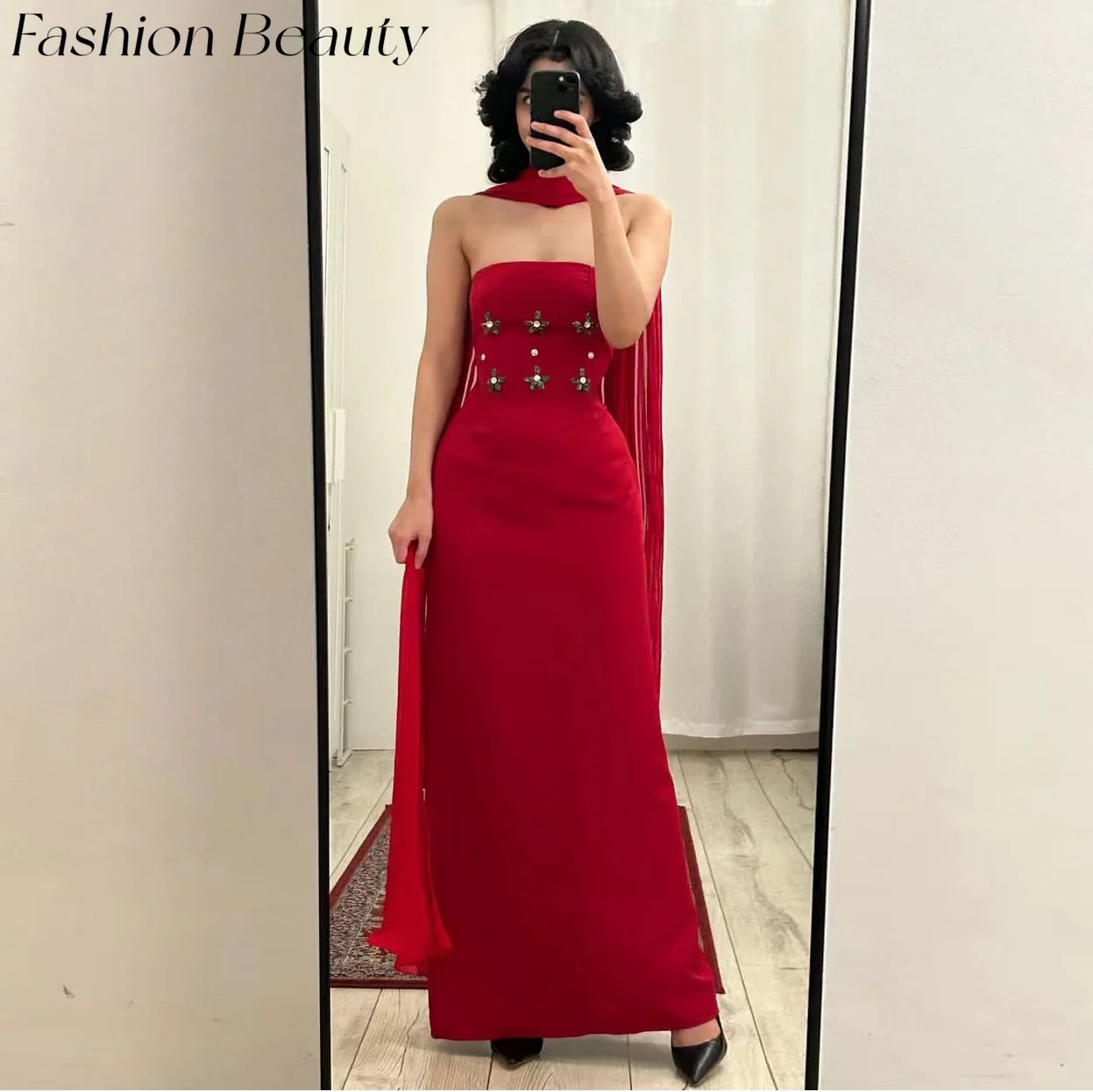 

Fashion Beauty Red Prom Dresses Strapless Beads Floor-Length Ribbons Formal Party Dress For Women 2024 vestidos فساتين السهرة