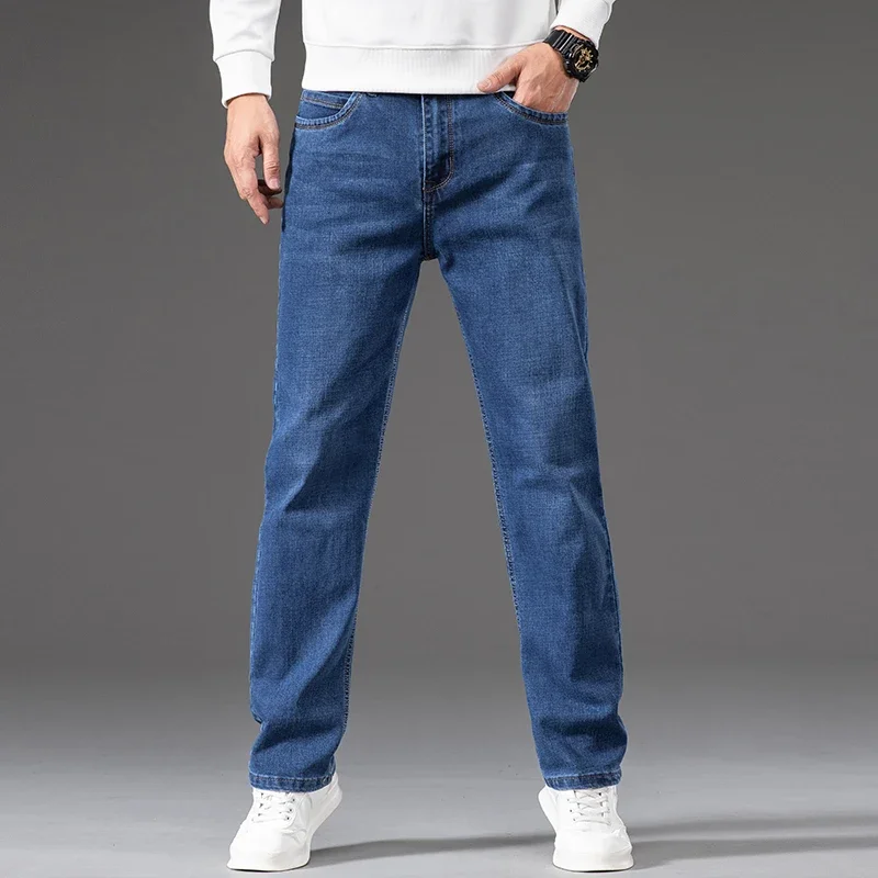 Весенне-осенние новые классические прямые мужские джинсы средней весы для делового отдыха, хлопковые эластичные брюки со средней и высокой талией