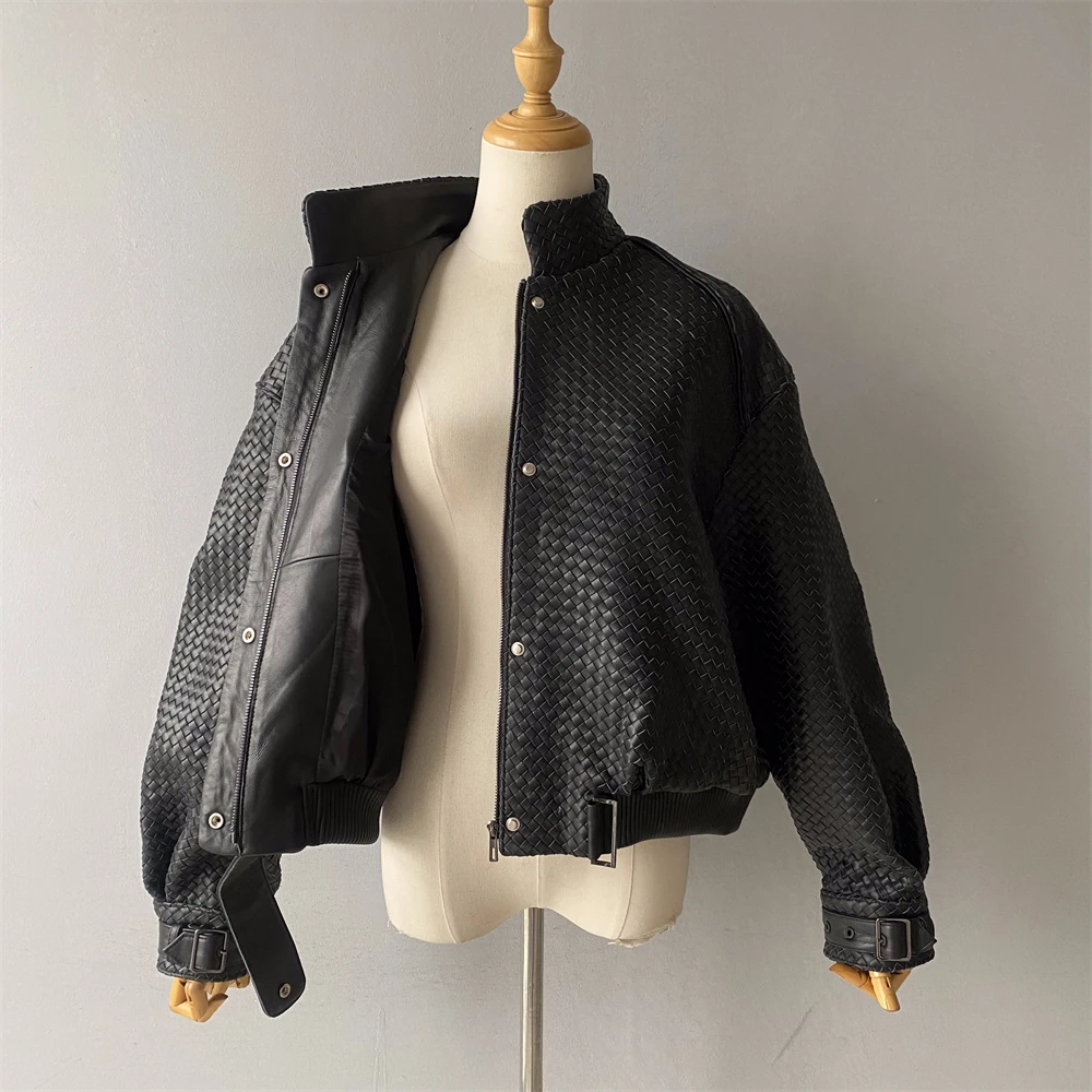 Jxwatcher feminino casaco de pele de carneiro natural outono europeu e americano moda curta motocicleta casual mão-tecido jaqueta de couro 2025
