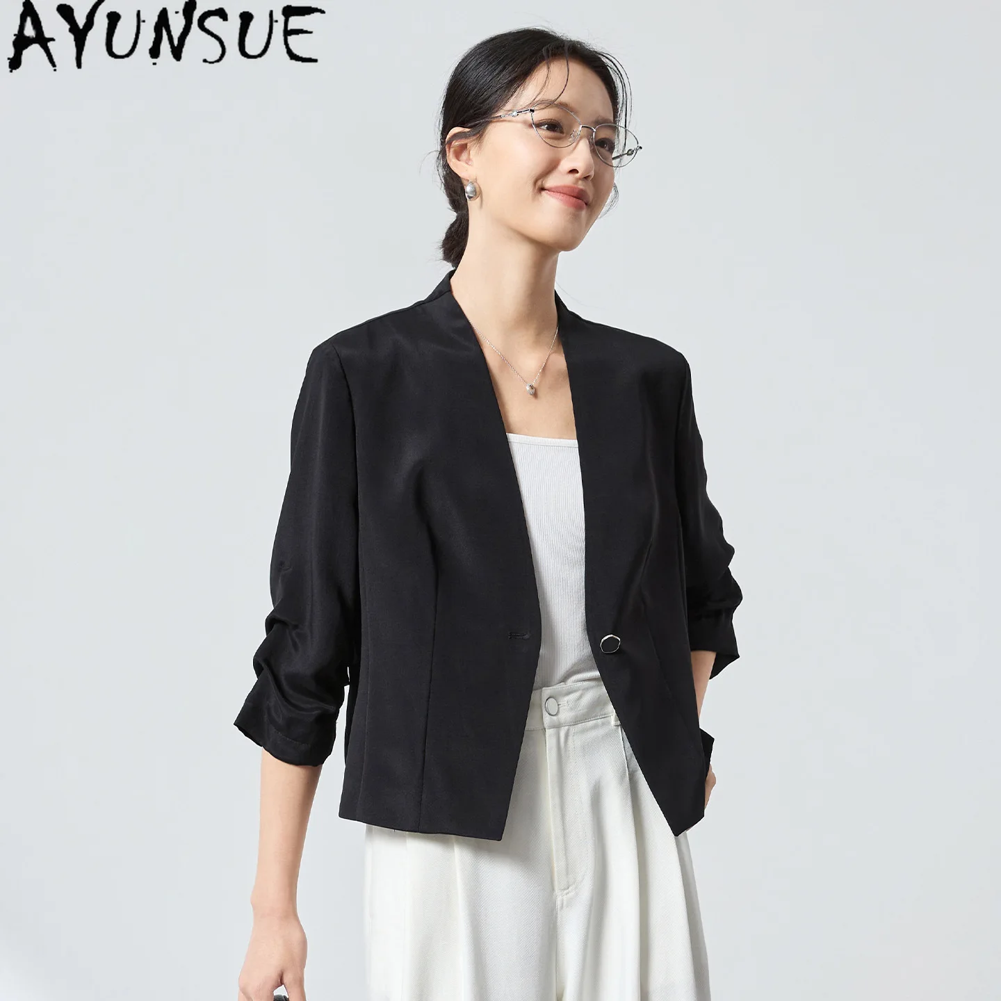 AYUNSUE 41.1% Mulberry Silk Tops for Women Commuting Style Woman Tops Autumn Clothing Short Slim Fit Suit Coats 2026 Ropa Mujer