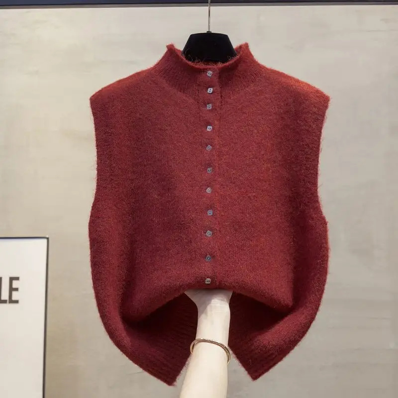 

Новый весенне-осенний женский жилет с высоким воротом, вязаный свитер, жилет, модный свободный женский свитер без рукавов, жилет, топы