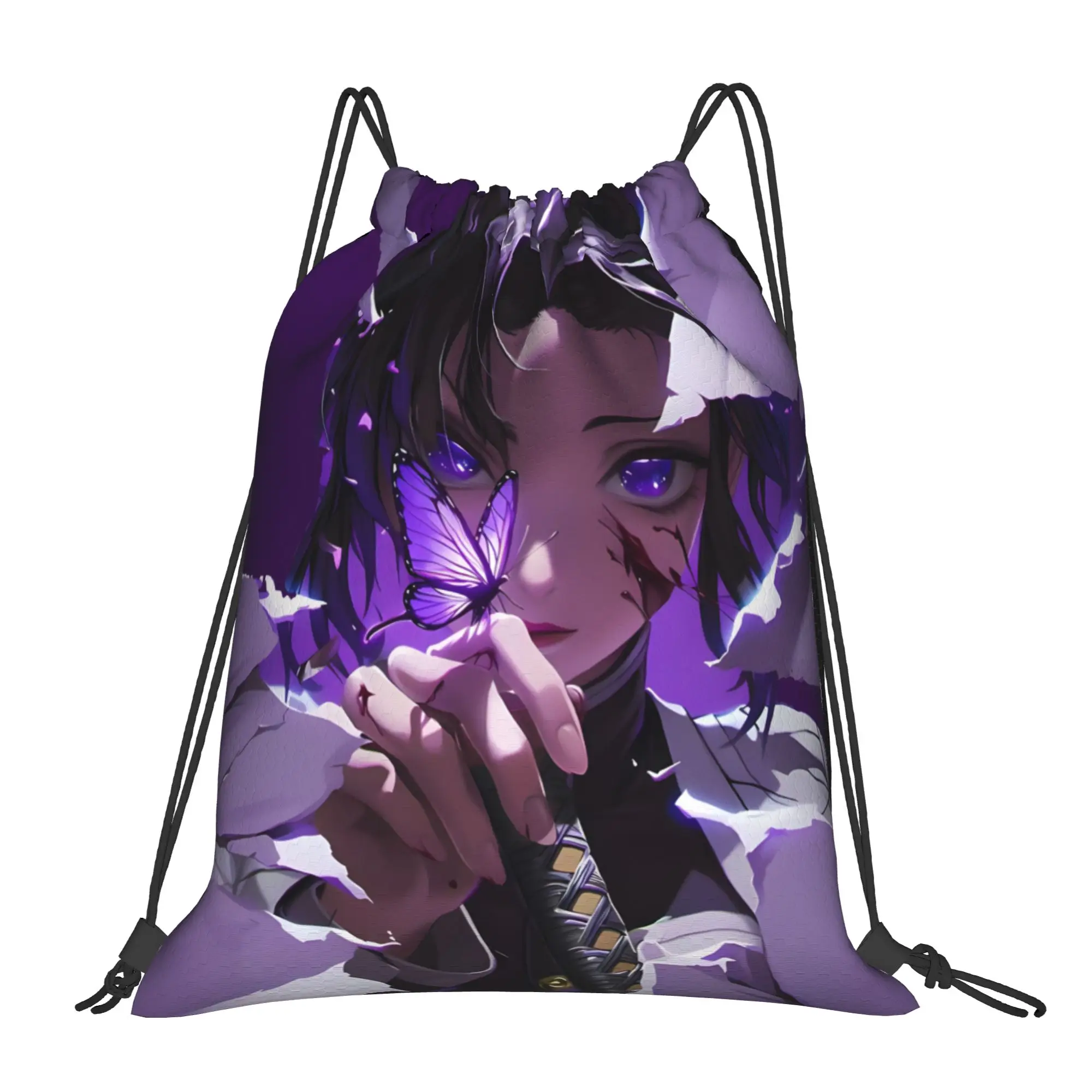 1 pc Purple Butterfly  Demon Slayer Print Drawstring Bags Men Women Storage Backpack Teenager Travel Bag