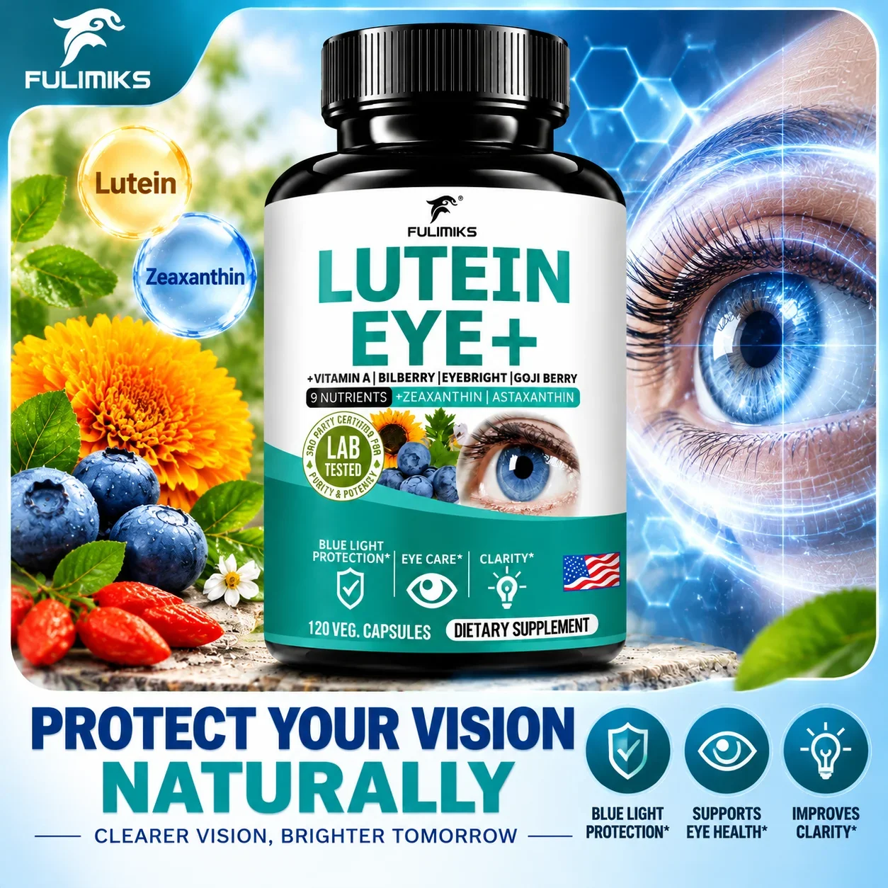 Lutein Eye+ Supplement with Lutein & Astaxanthin, Support Eyes & Retina, Vision, Macula Health, Dryness, Clarity for Men & Women