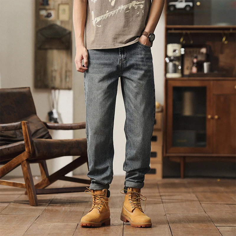 

2025 summer new men's loose elastic straight leg casual denim pants, fashionable and casual elastic straight leg denim pants for