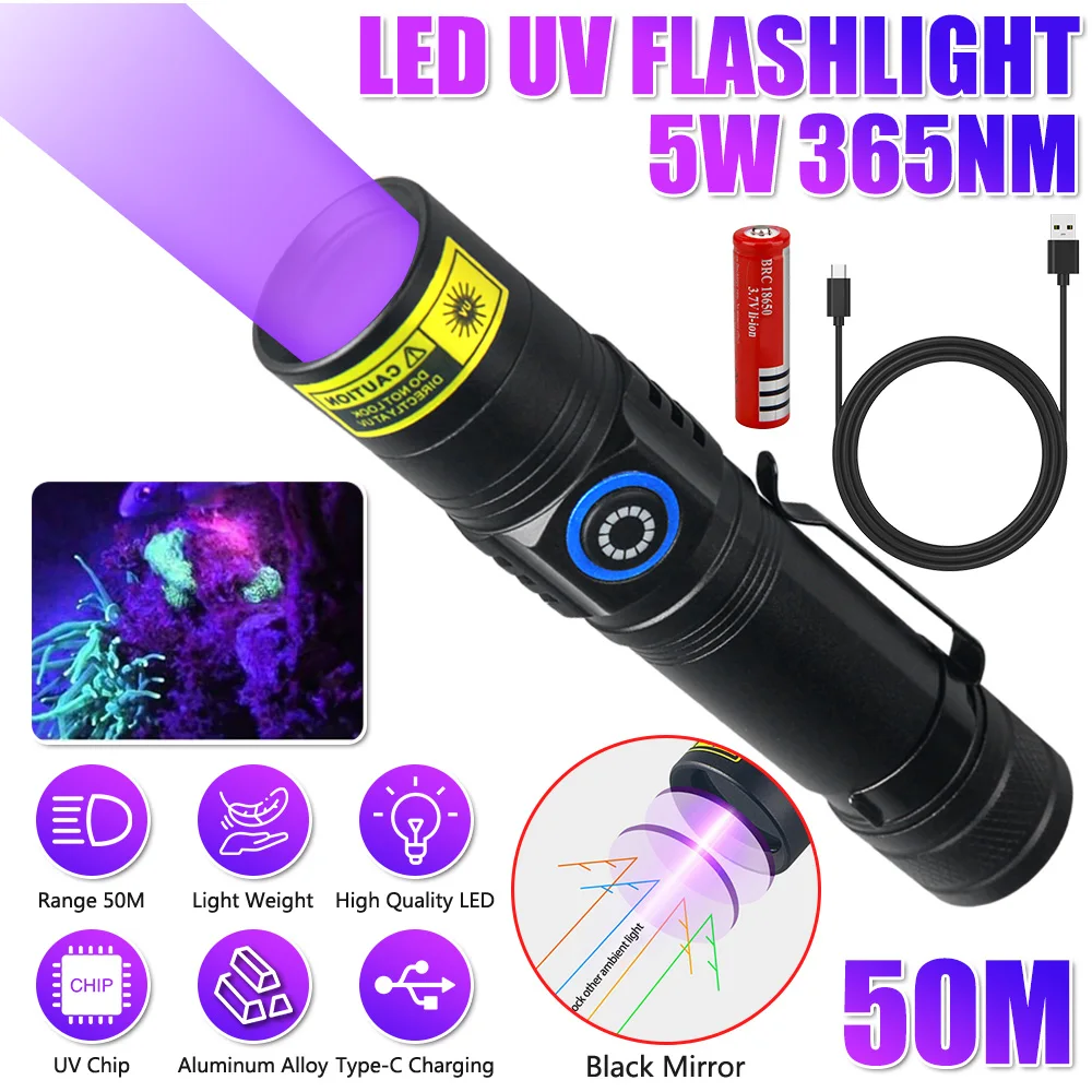 Outdoor Mini Flashlight USB Recharge 365nm Ultraviolet Torch Purple Light Blacklight Pet Urine Scorpion Stains Detector Hunting