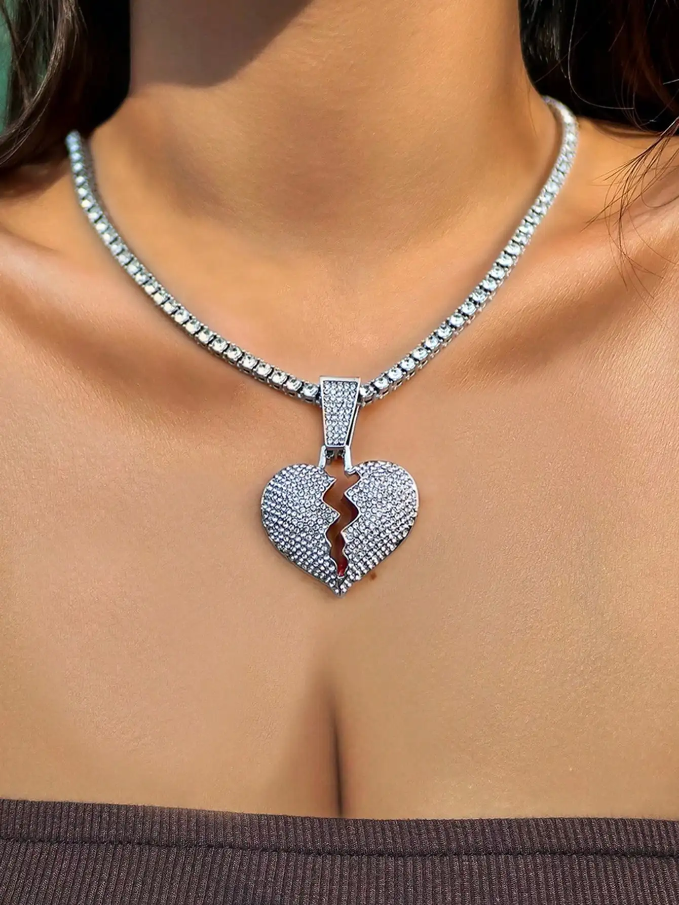 Classic Hip Hop Broken Heart Pendant - Cool Alloy Tennis Chain, Perfect for Parties & Everyday Wear, Women's Fashion Jewelry