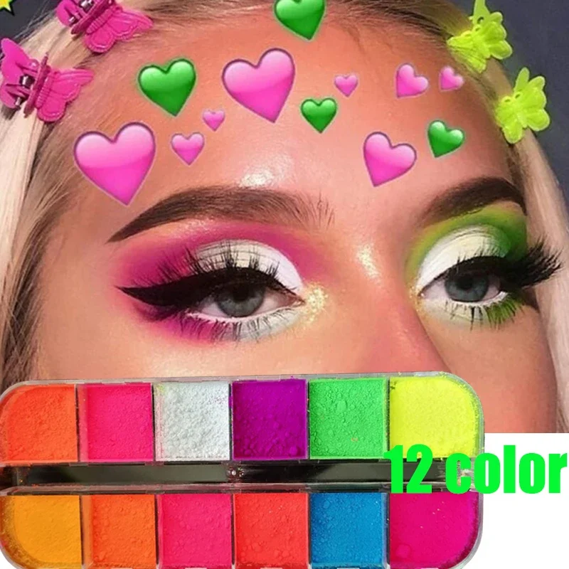 12 Color Phosphor Mixed Neon Powder Eyeshadow Pallete Pigment Matte Mineral Spangle Nail Powder Cosmetics Make Up EyeShadow Set