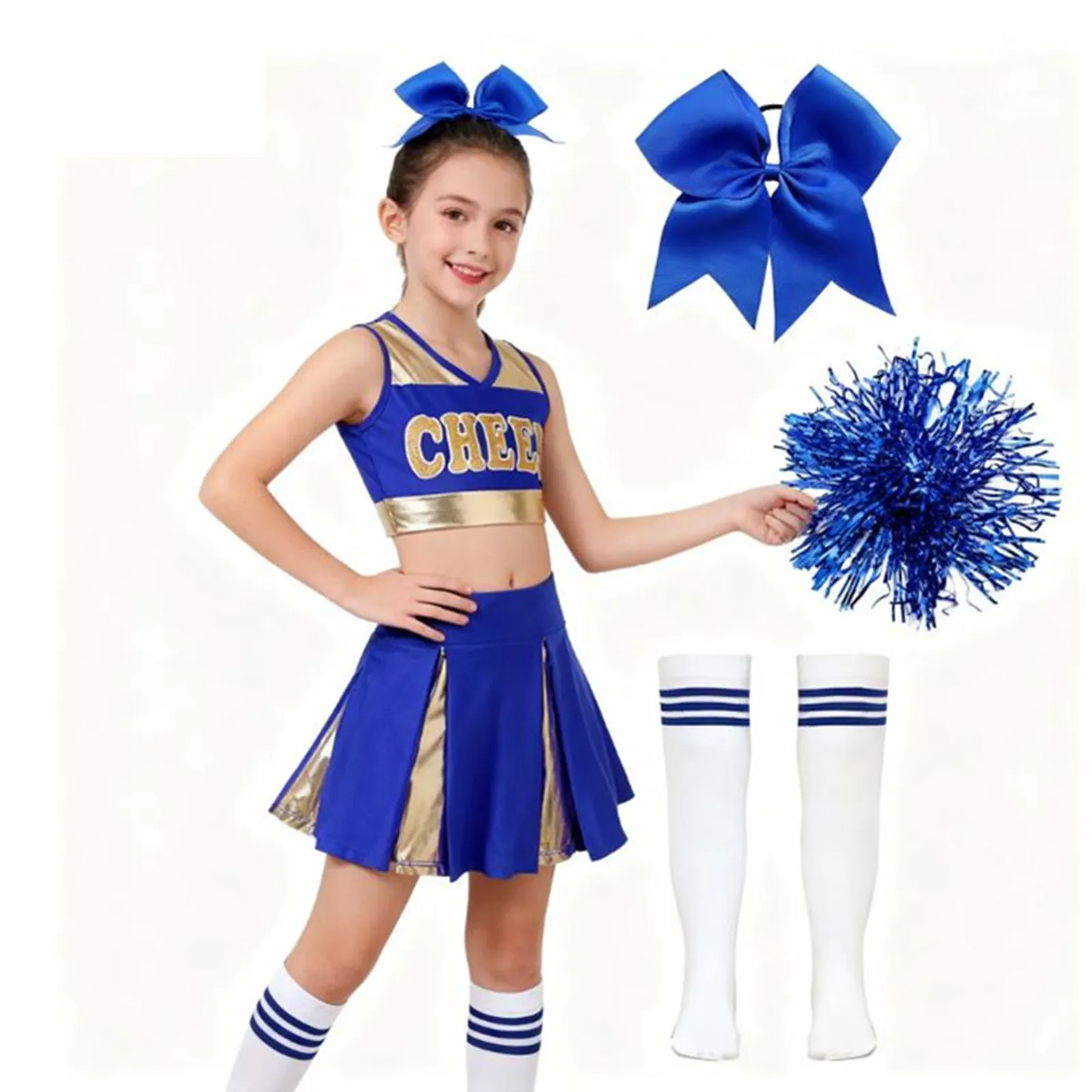أطفال بنات التشجيع موحدة الباليه ملابس الرقص الحديثة المشجع زي الخامس العنق إلكتروني طباعة المحاصيل الأعلى مطوي تنورة
