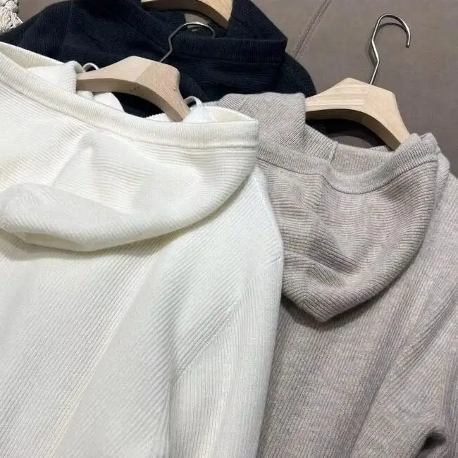 Extremely  Simple Hooded 100 Merino Wool Sweater Women's White Drawstring Chest Bag Sweater Lazy Versatile  Top
