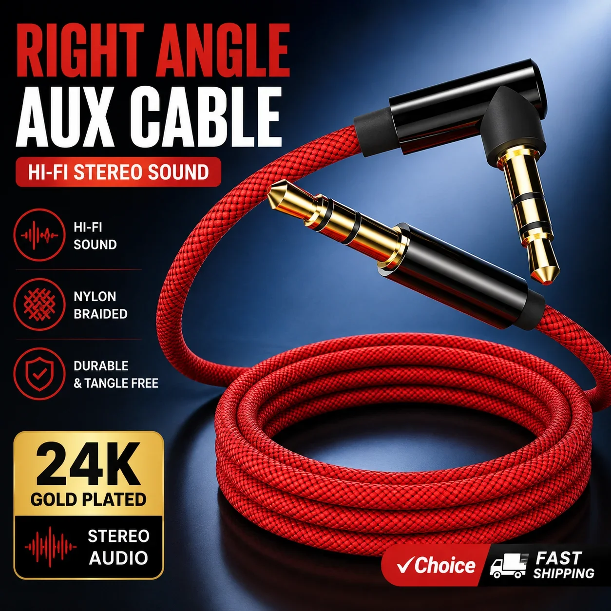 Red 3.5mm Right Angle AUX Cable for Car Audio, Stereo Jack Cord for iPhone, Speaker, Headphones