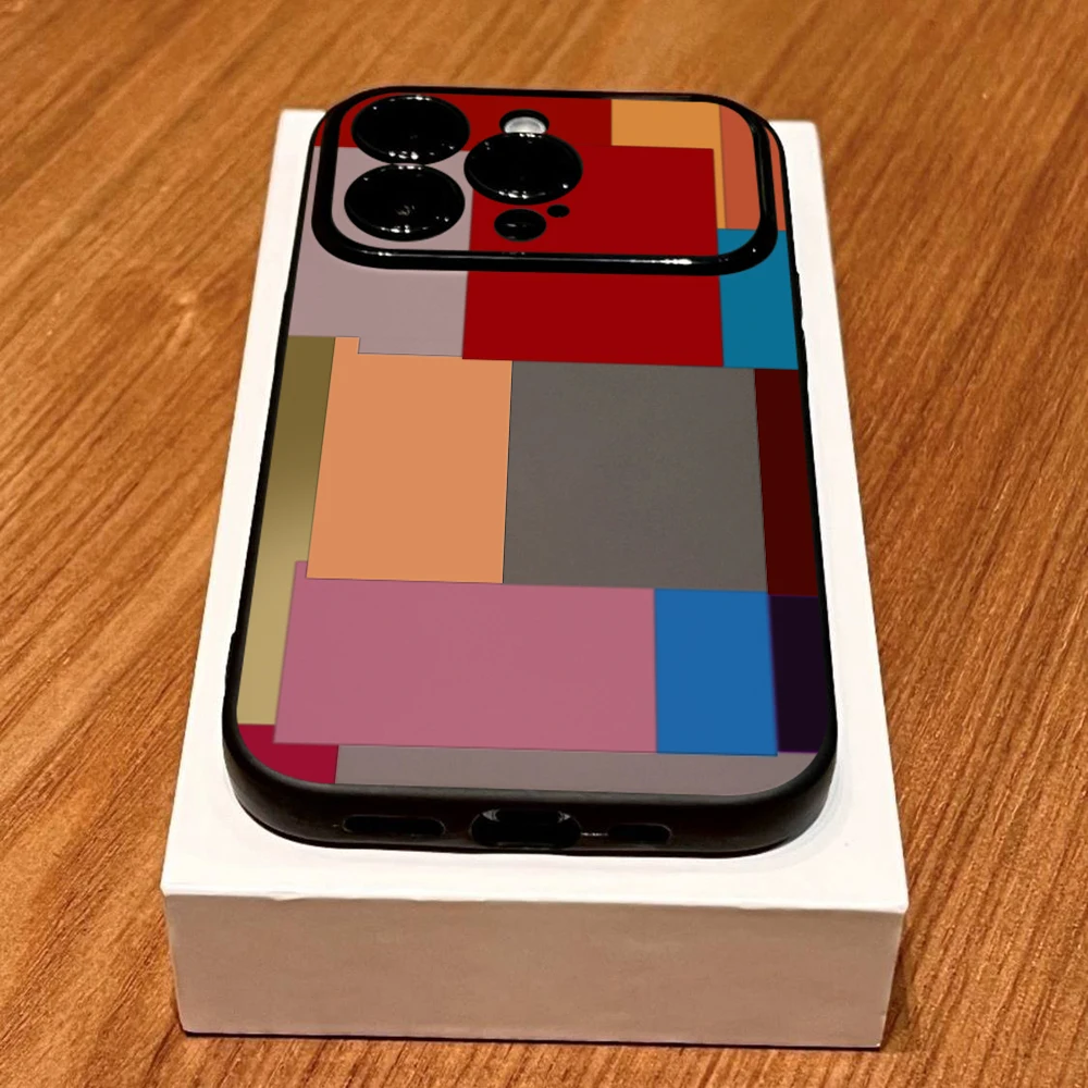 Coque de téléphone géométrique abstraite colorée pour iPhone 16, 13, 17 Pro Max, 12 Plus, 15, 14 Pro, 11 avec cadre de protection d'appareil photo noir surélevé inclusif
