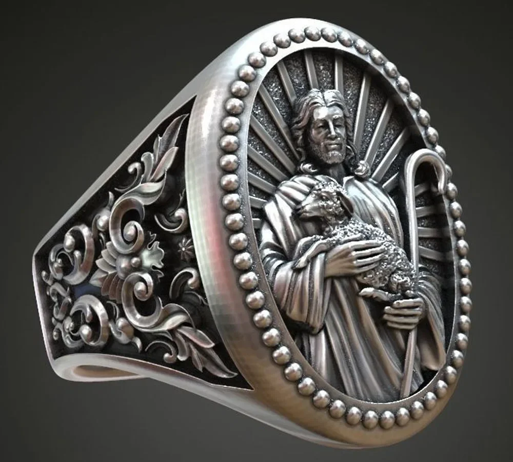 19g Big Jesus Christ Holding A Lamb Religious Art Relief Rings Real Customized 925 Solid Sterling Silver Rings