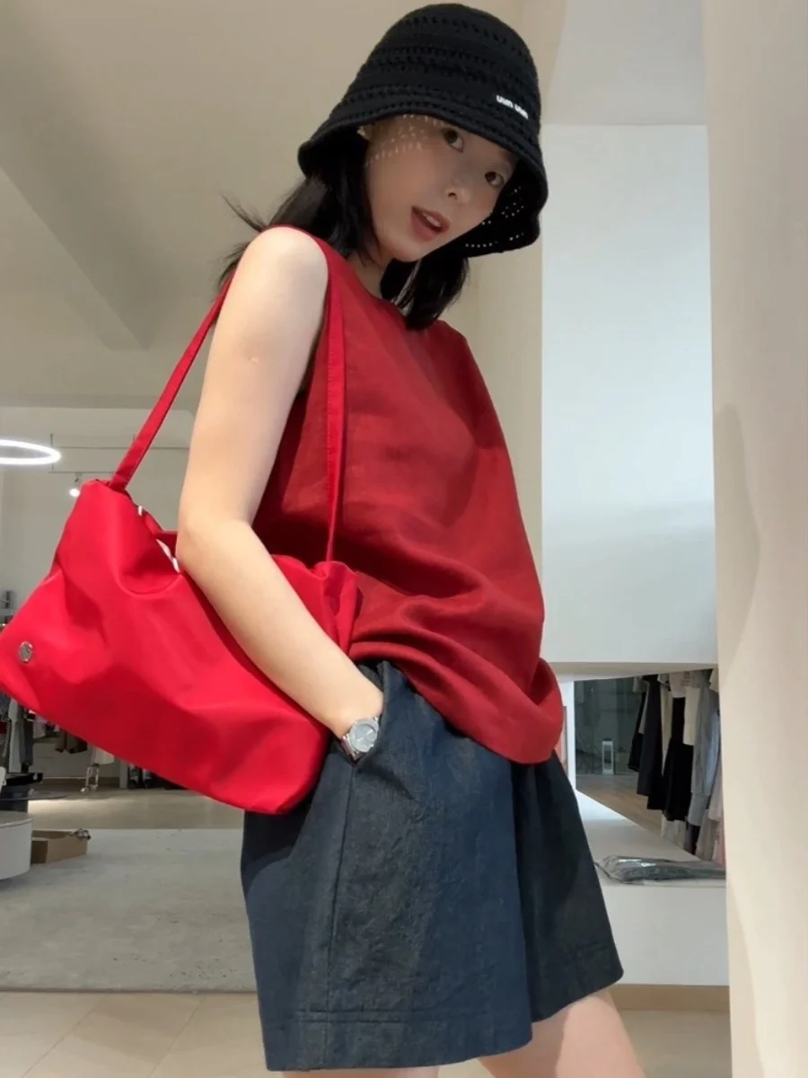 

Summer Fashionable Red Sleeveless Top And Shorts Set Casual Dopaamine Anti-Aging Trendy Outfit Polyester Fiber round Neck