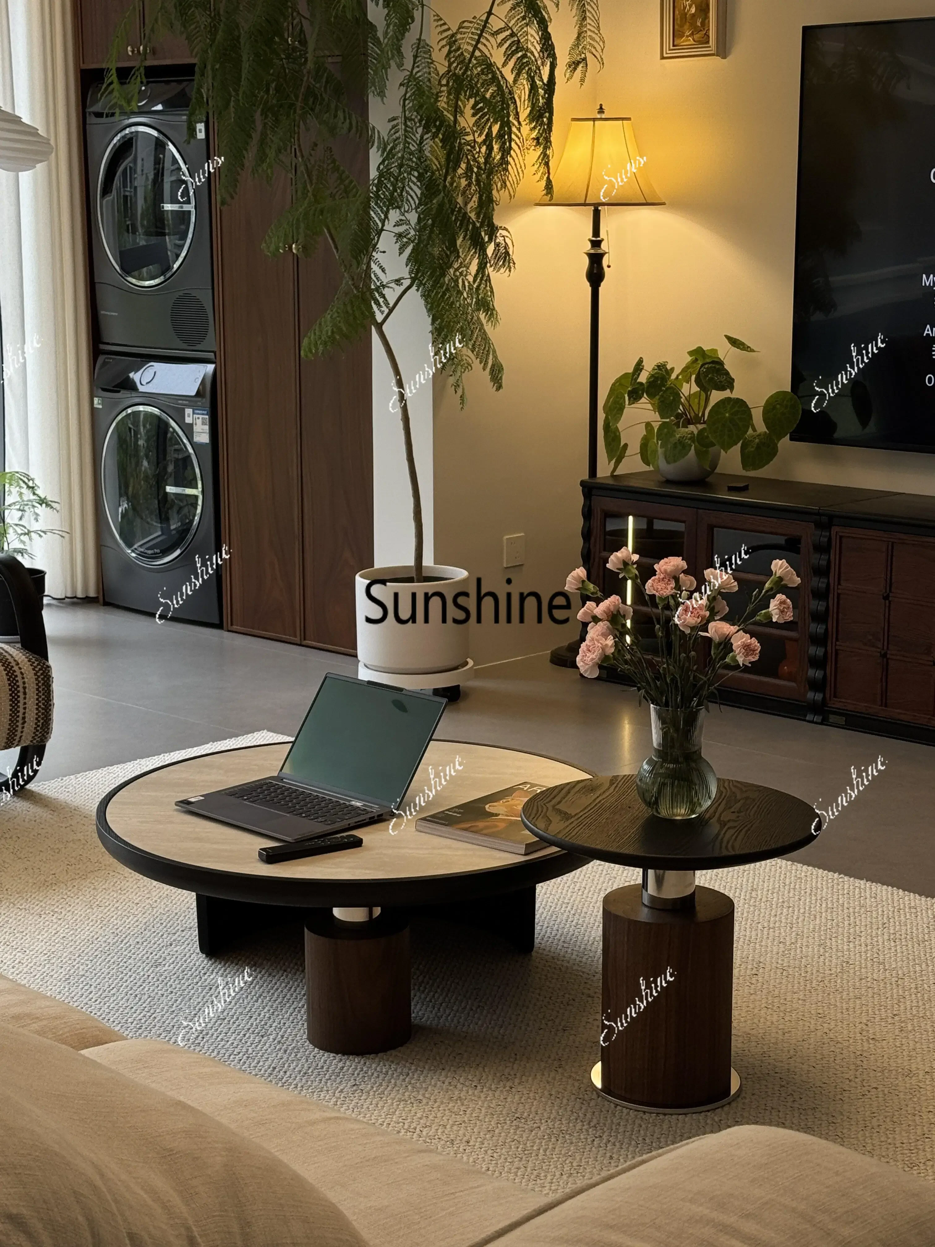 

YLiving room home walnut coffee table light luxury luxury retro Italian round