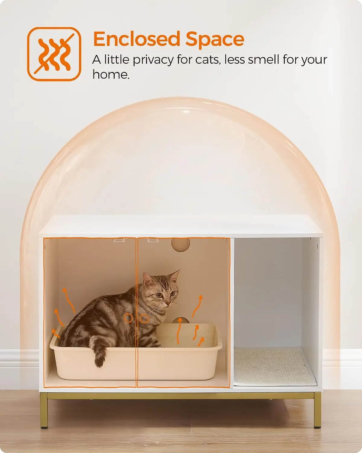 Feandrea Cat Litter Box Enclosure, Hidden Litter Box Furniture with Scratch Pad, Front Entry, Double Cabinet Doors, Modern Style, 31.5" Cat House Washroom Side End Table, White and Gold view 3