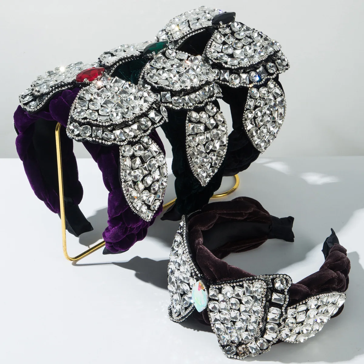 Vintage Baroque Rhinestone Floral Headband Chunky Puffy Padded Hair Hoop Royal Wedding Banquet Hairpiece Exquisite Ornaments