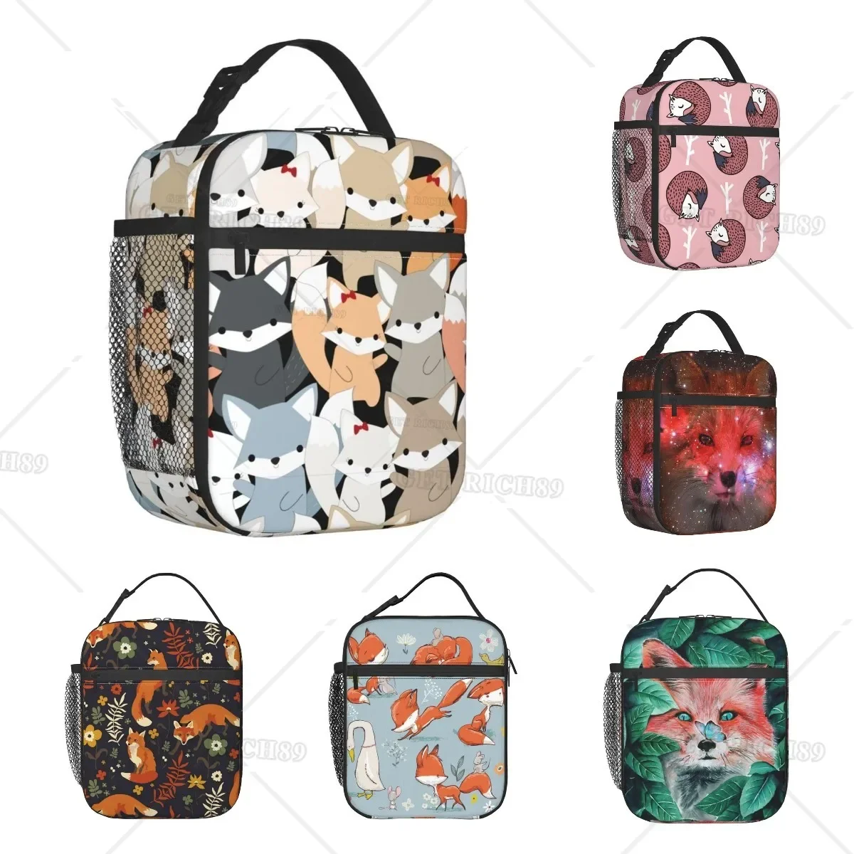 Cute Fox Wolf Insulated Lunch Bags for Men Women Reusable Portable Thermal Lunch Box with Pocket Tote Bag Cooler Picnic Work