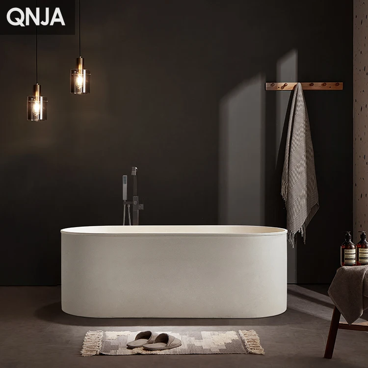 Factory Customized Beige Cream Bathtub Whirlpools Solid Surface Stone Bathtub for Home Bathroom Hotel
