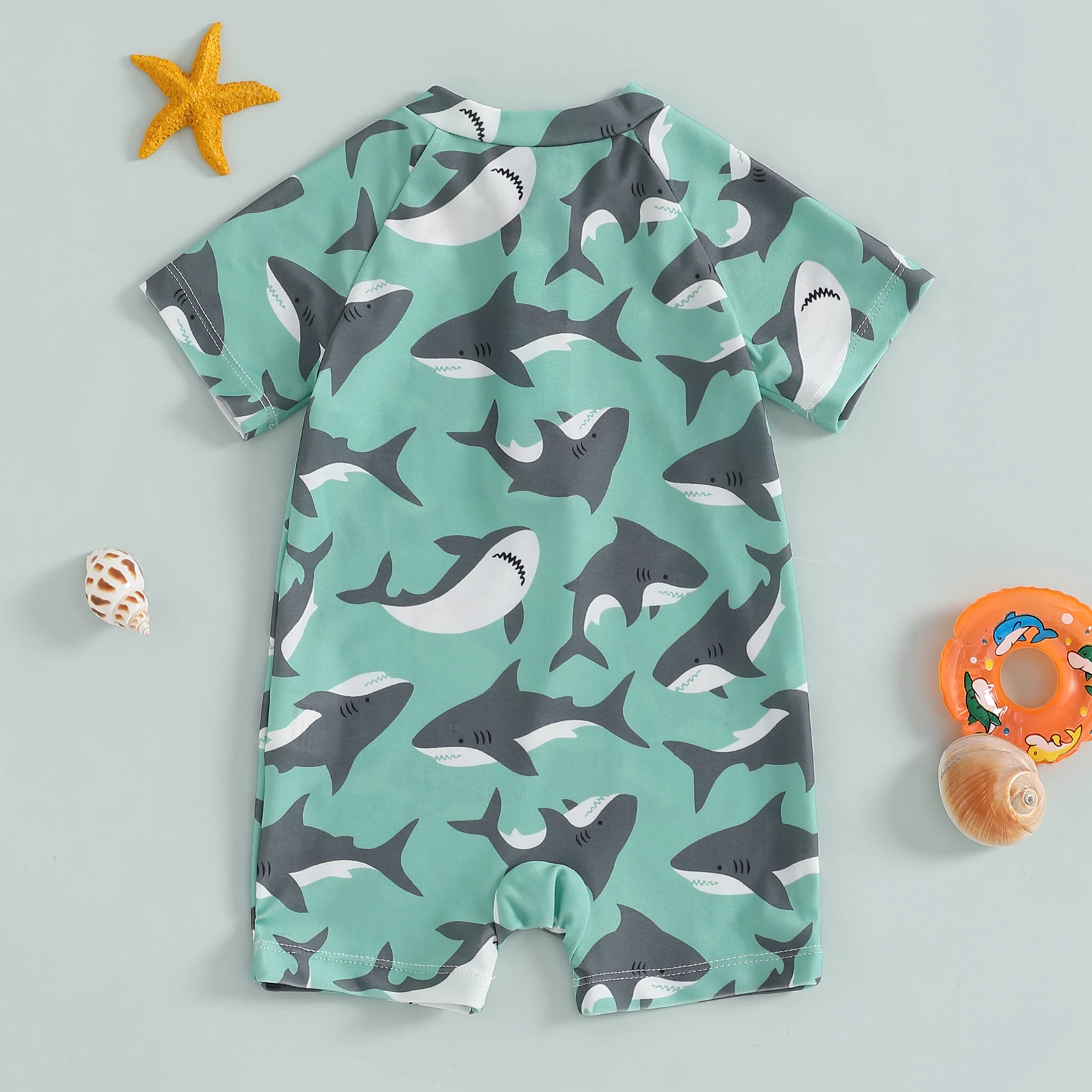 Toddler Boy Swimsuit Short Sleeve Mock Neck Shark Print Zip Up Rash Guard Bathing Suit