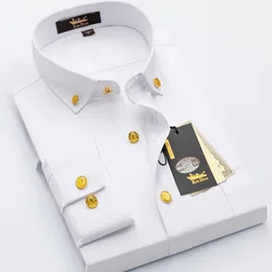 2026 Spring/Autumn New Men's Luxury Brass Button Long Sleeve Business Casual Shirt Ironing Resistant Office Work Shirts as Gift