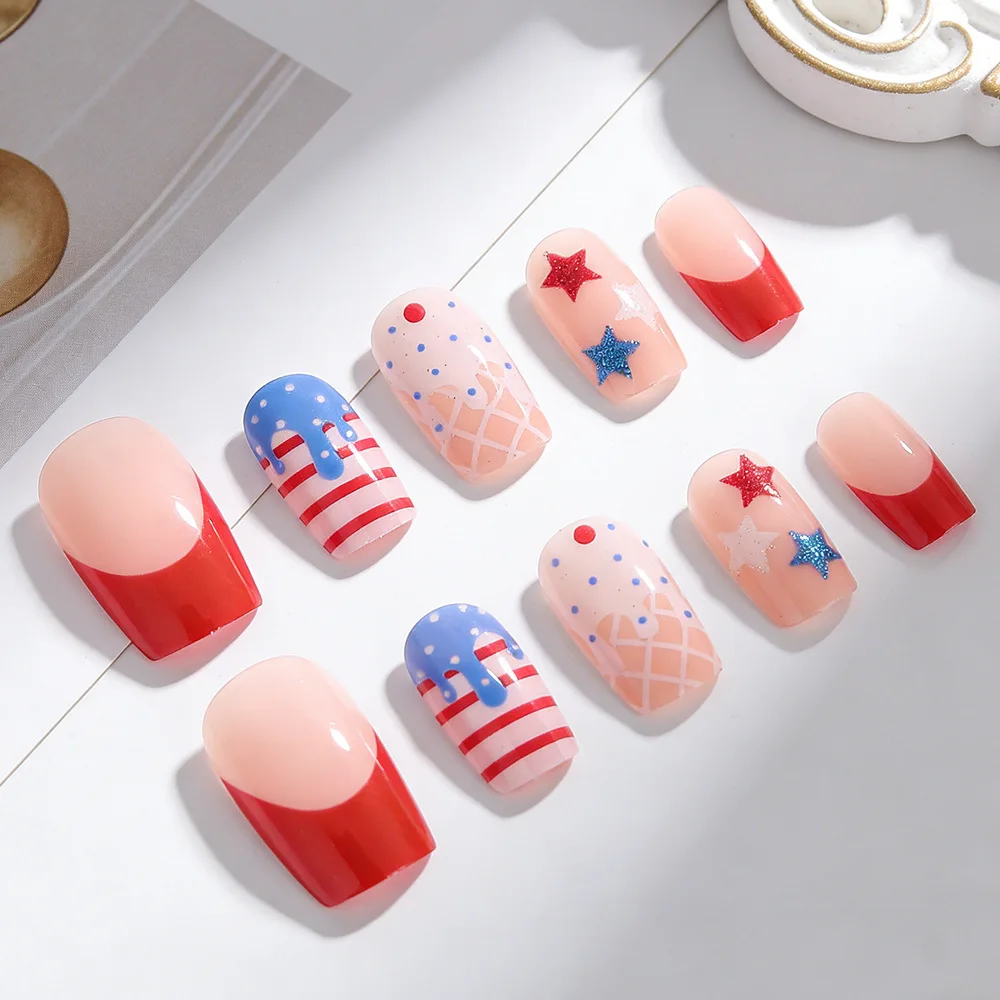 Short Medium Square Ballet Fake Nails Tip for American Independence Day Blue Red Stripe Star Flag Press on False Nails Ice Cream - Detail 1