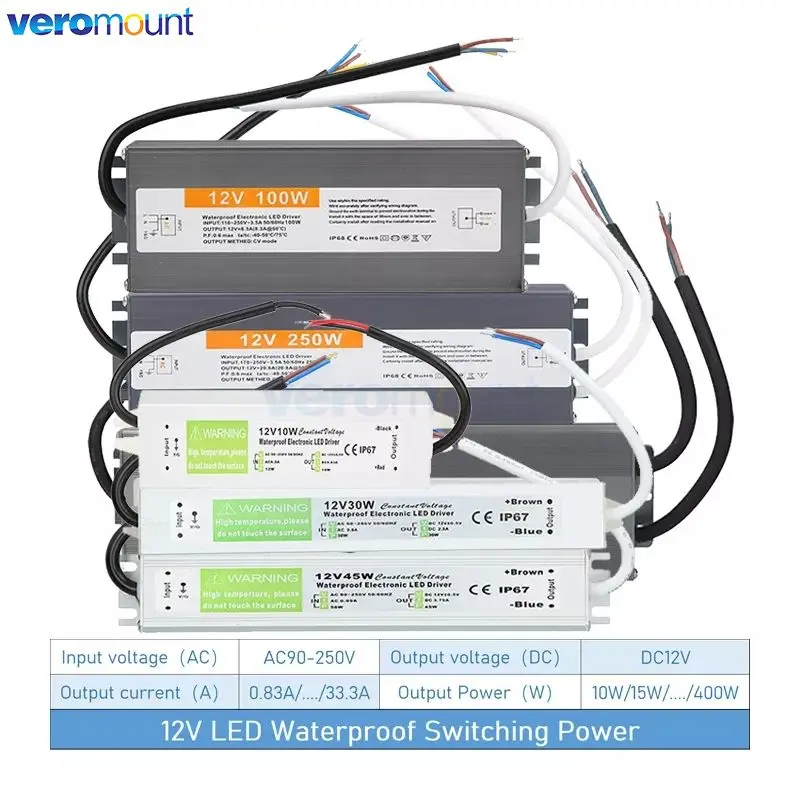 

LED Driver Waterproof IP67 Power Supply DC 12V 24V Transformer AC/DC Adapter for LED Strip Lights Module CCTV Power Accessories