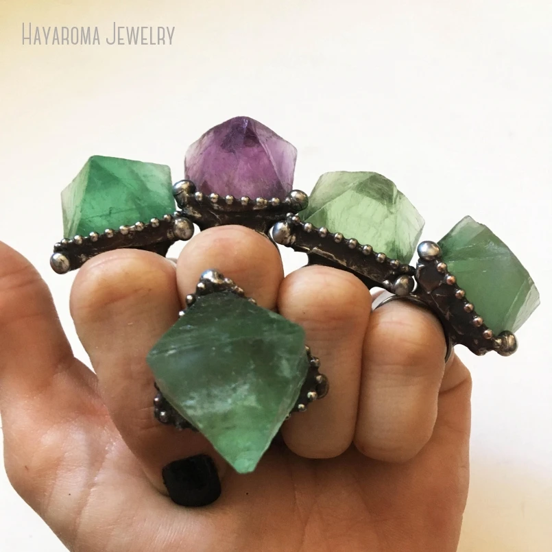 10Pcs Natural Raw Green Purple Fluorite Gemstone Chunky Punk Witch Boho Goth Rocker Talisman Jewelry