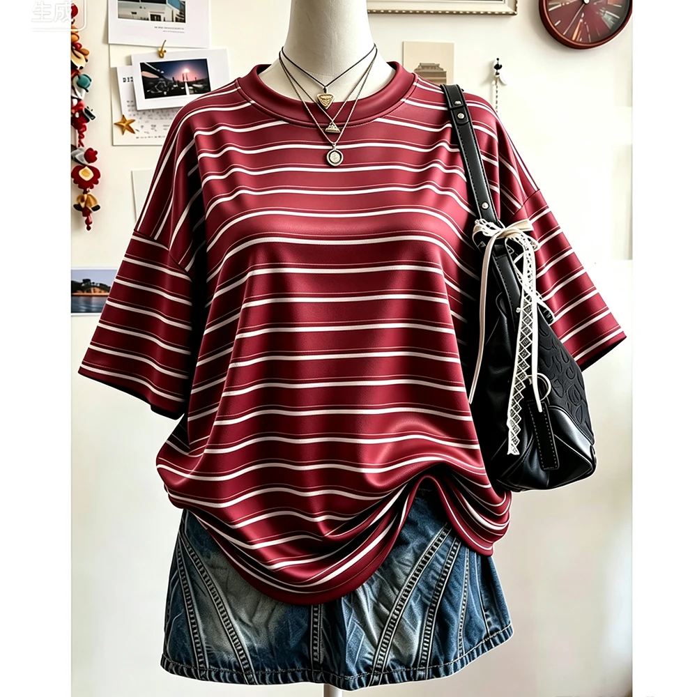 Neues Y2K Gestreiftes Digital-Print Casual Oversized Mittellanges Rundhals-T-Shirt mit Fallschulter für Damen Street Fashion Lässiges Sport-Oberteil