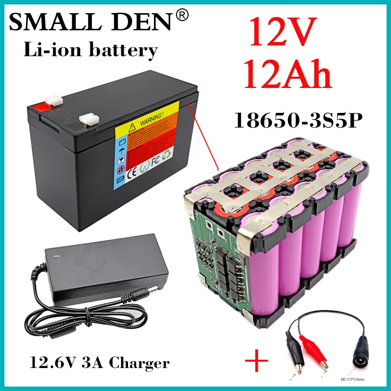 New 12V 12Ah 18650 Lithium Battery Pack 3S5P 240W Sprayer Scale Access Control UPS For 12V Power Supply Device+12.6V 3A Charger