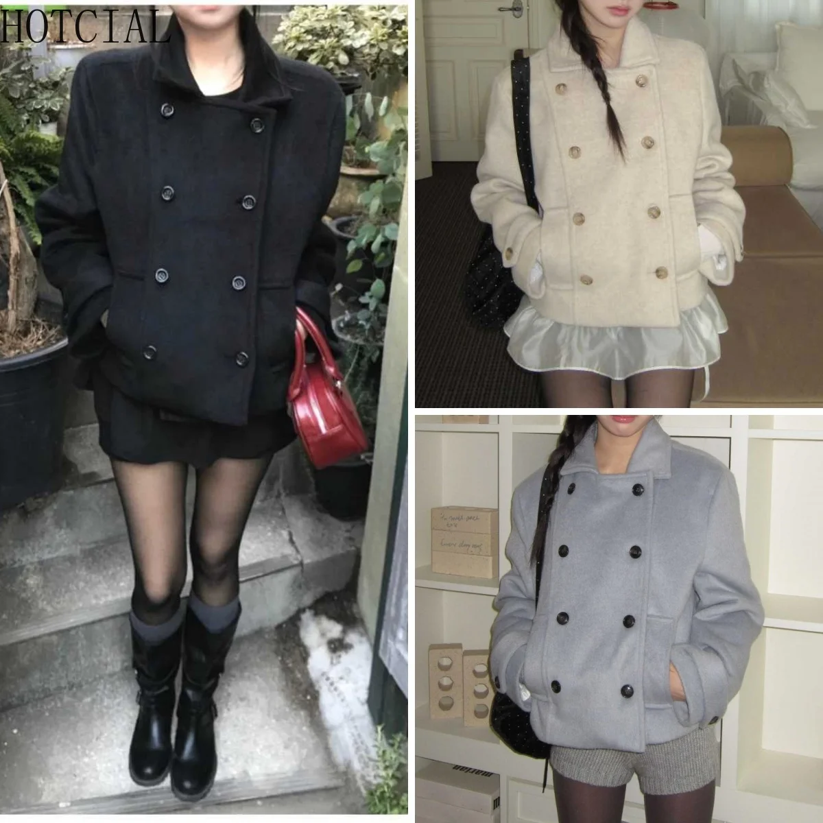 

HOTCIAL Spring Fall Blazer for Women 2026 Short Jacket Double Breasted Tweed Coat with Pockets Office Casual Wear