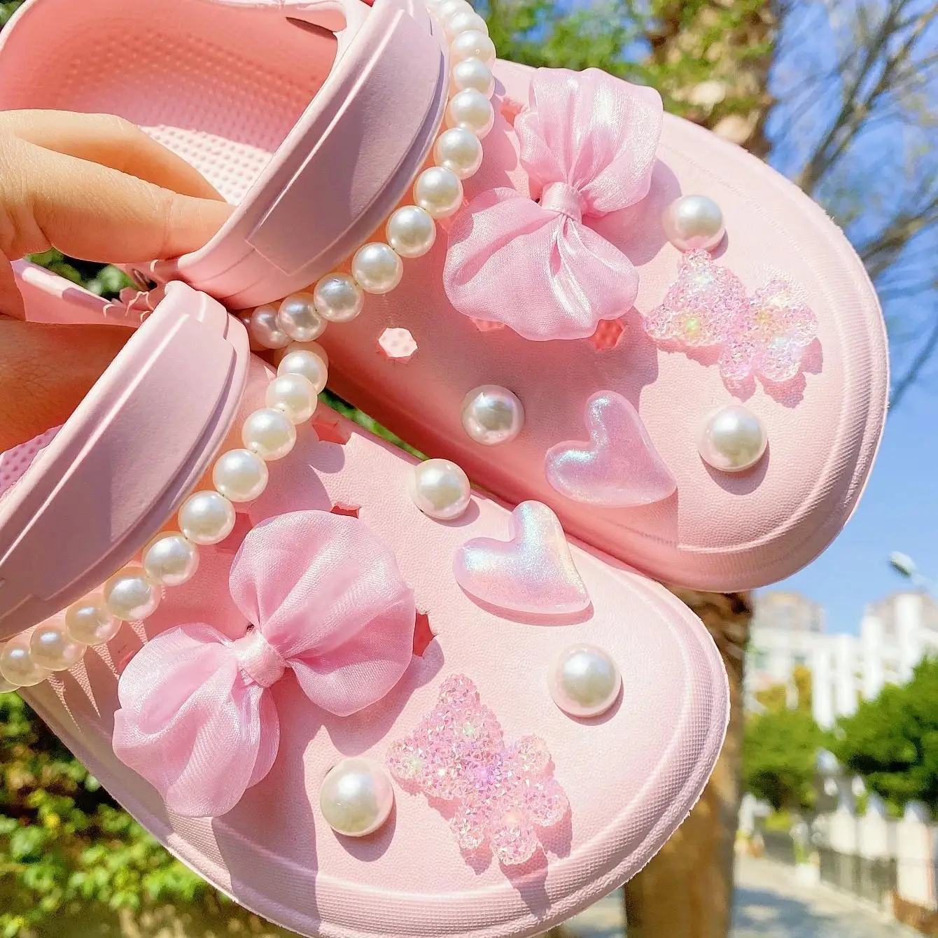 Pearl Chain Bowknot Shoe Charms For Slides Sandals, PVC Shoe Decoration Accessories For Christmas Birthday Gift Party Favor