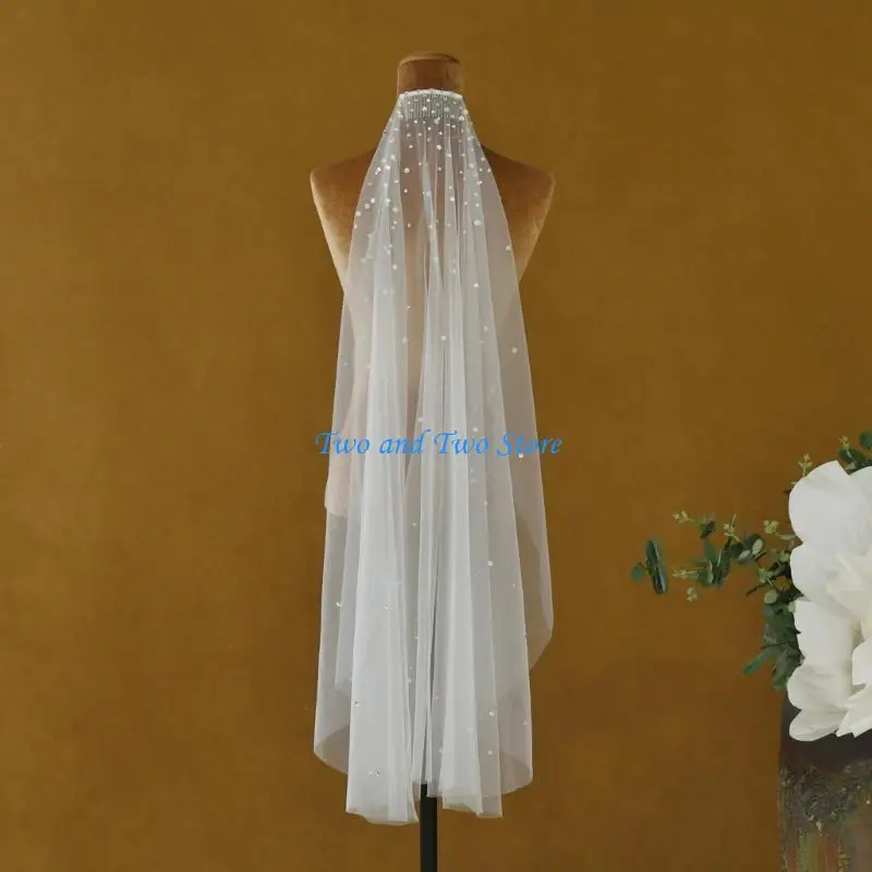 HX6F Stylish Short Wedding Veils with Rhinestones Studs Bridal Veils Photography Supply