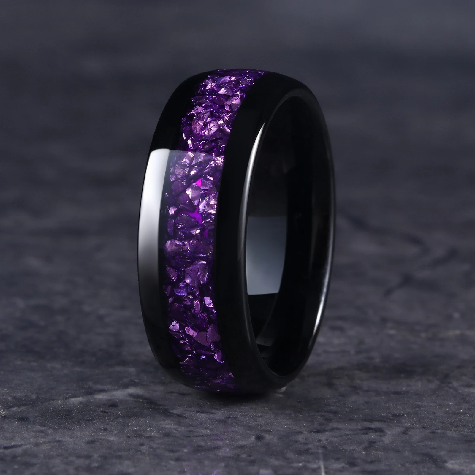 4/8mm Amethyst Black Tungsten Ring, Wedding Engagement Band Birthday Anniversary Gift For Him And Her
