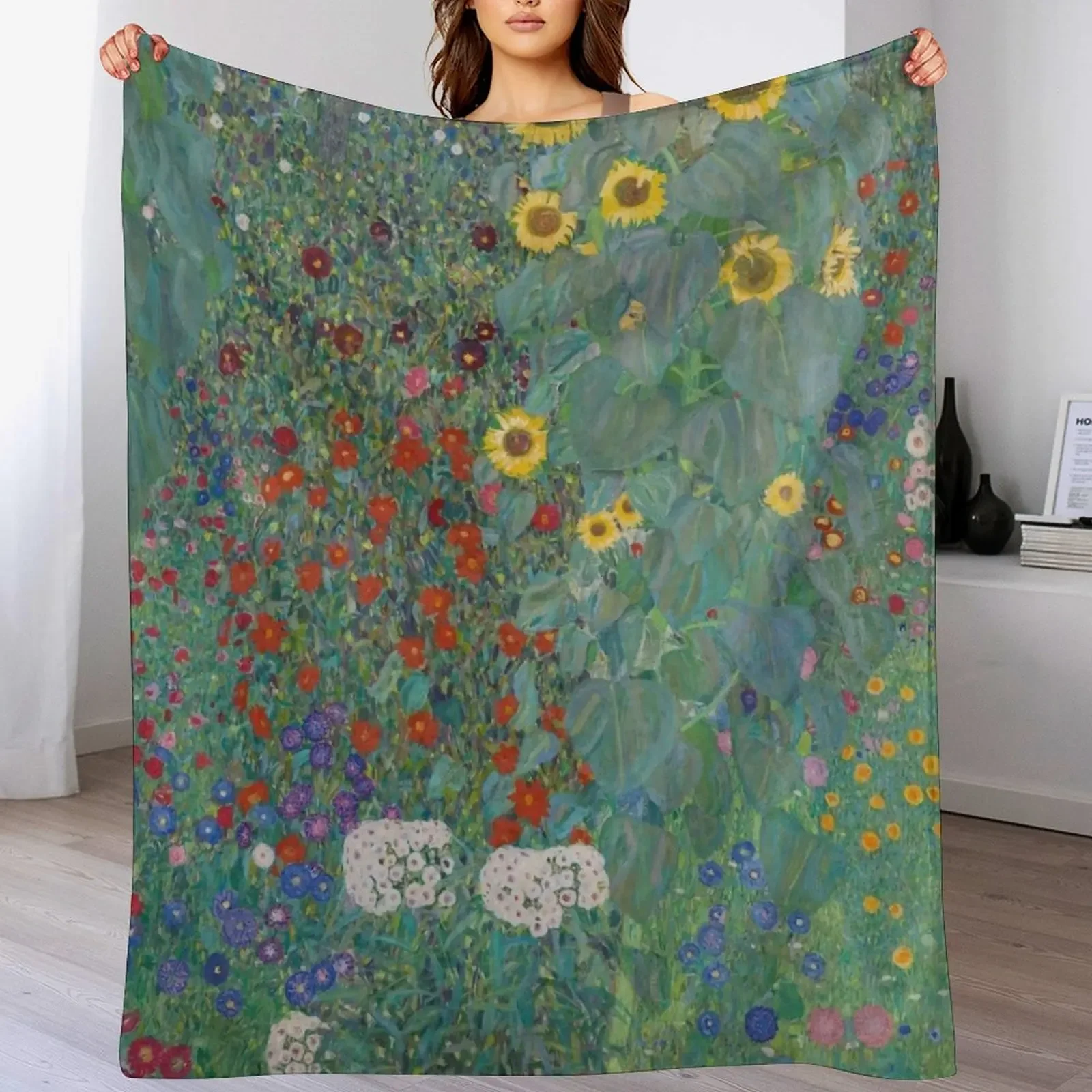 

Gustav Klimt Austrian painter Cottage garden with sunflowers (1907) Throw Blanket Couch blanket decor