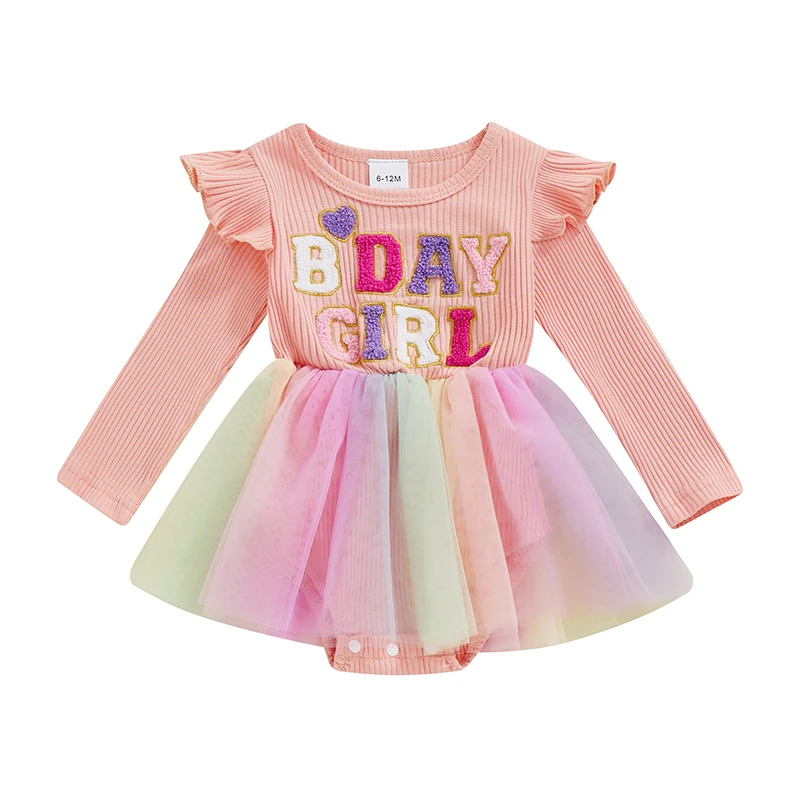 Baby Girl Birthday Romper Dress Letter Embroidery Long Sleeve Crew Neck Colorful Tulle Jumpsuit