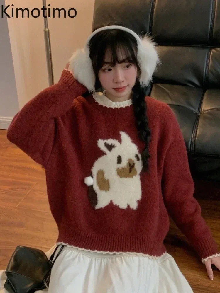 Kimotimo Wine Red Christmas Rabbit Jacquard Sweater Women Autumn Winter O-Neck Loose Pullover Japanese Sweet Casual Knitted Top