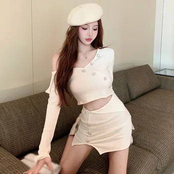 2 Pieces Set  Women Crop Tops  Long Sleeve  Sexy Mini  Bodycon Skirt Suit  Korean Style Hole Knitted Cardigan with Skirt