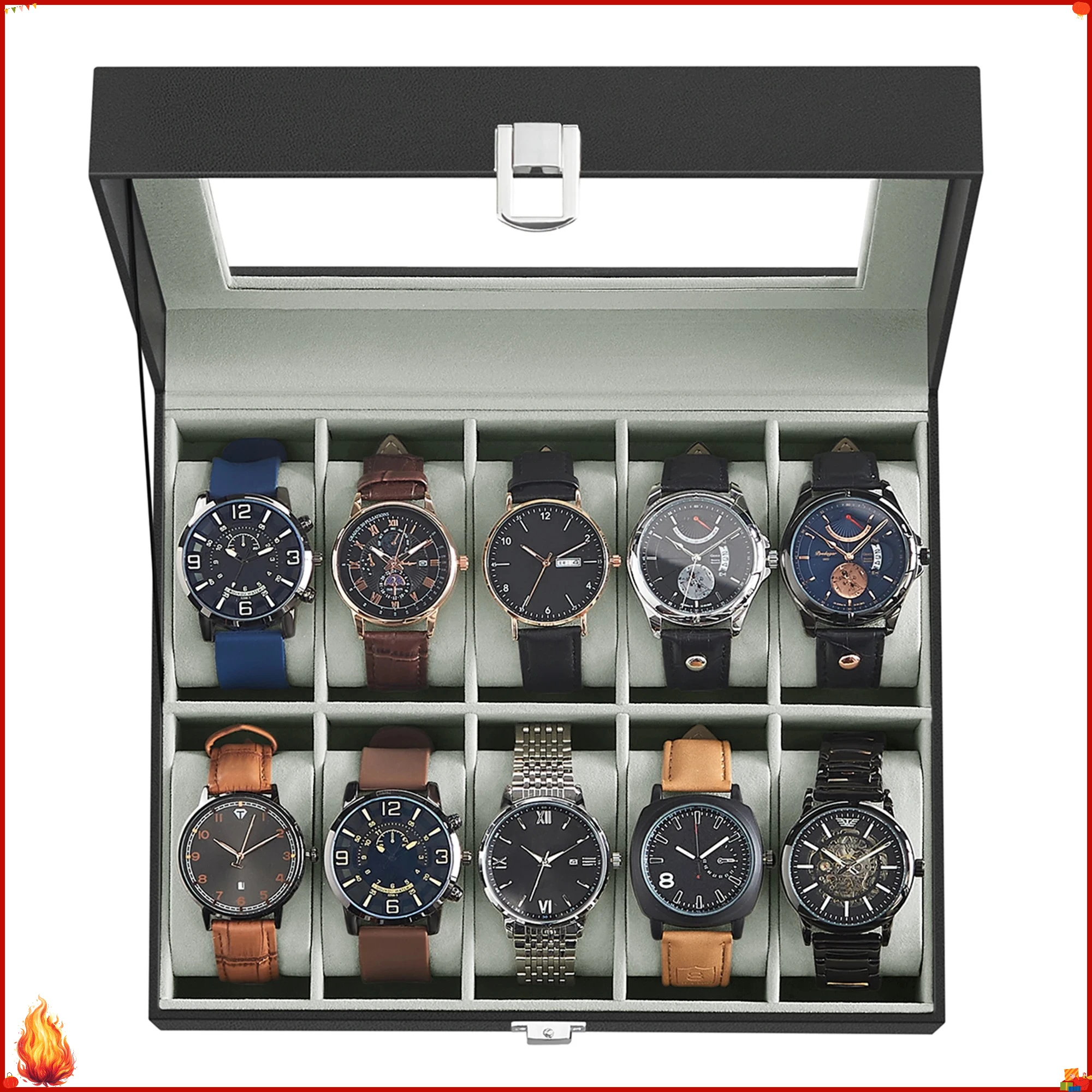 Boîte de présentation de montres à 10 compartiments avec couvercle en verre transparent, coussinets amovibles, étui de rangement en cuir PU pour montres, collection de bijoux domestiques, cadeau