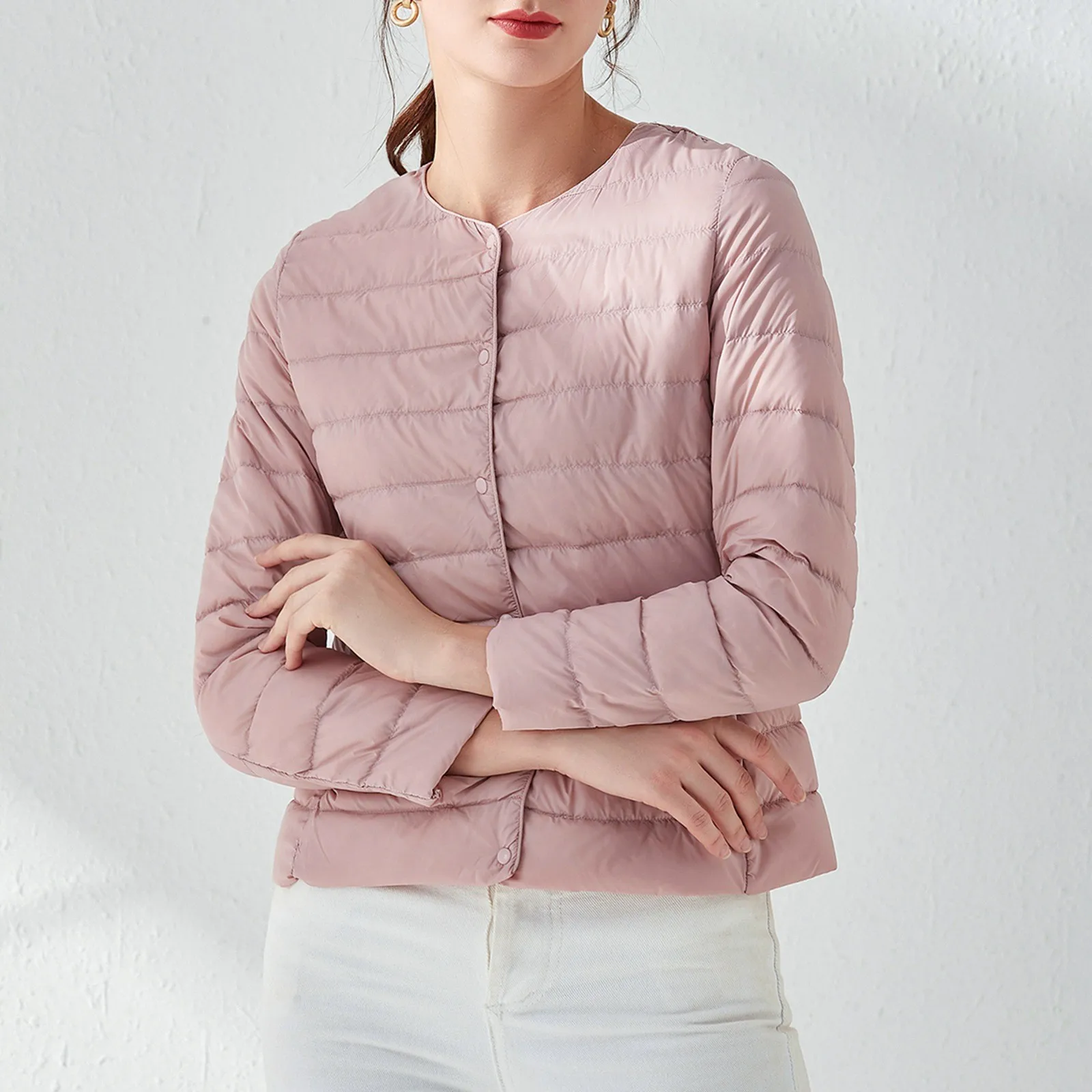 Women Temperament Down Jacket Warm Solid Color Round Neck Lightweight White Duck Down Collarless Slim Fit Long Sleeved Outfit