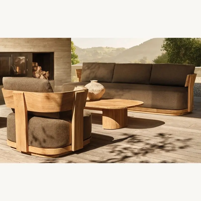 

Modern Teak Outdoor Sofa Set 3-Seater Waterproof Cushions [Brown/Beige] for Patio/Garden