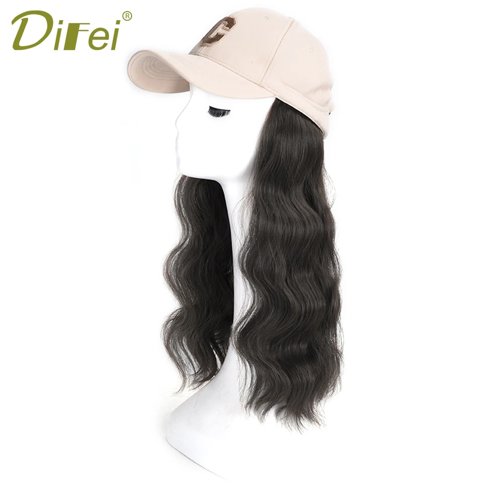 DIFEI-Peluca de cabello sintético para mujer, postizo largo de onda de agua con sombrero de béisbol, ajustable de una pieza, resistente al calor